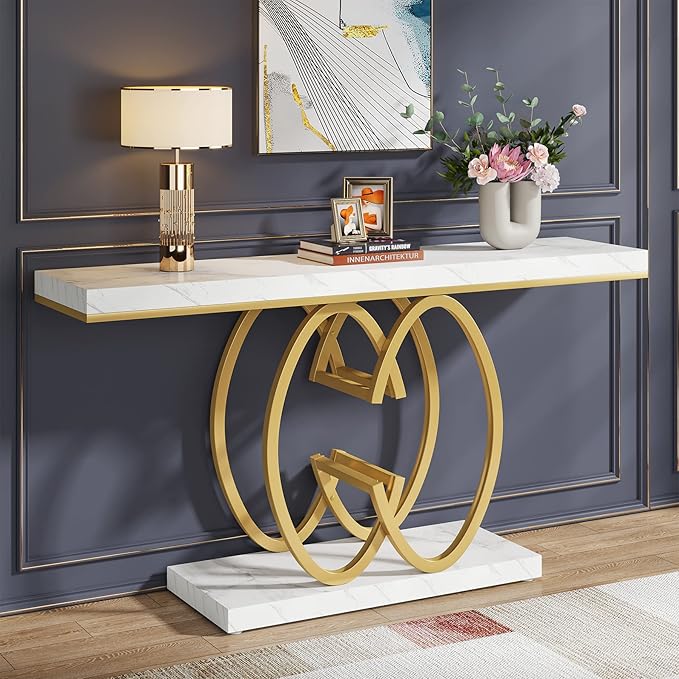 Tribesigns 55 Inch Console Table for Hallway, Faux Marble Gold Entryway Table with Geometric Metal Base, Modern Narrow Sofa Accent Table for Entrance, Living Room, Foyer (White & Gold)
