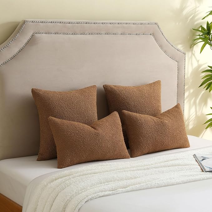 FUTEI Pack of 2 Tobacco Decorative Throw Pillow Covers 24x24 Inch Soft Cozy Solid Boucle Textured European Cushion Case,Modern Home Decor for Couch Bed Living Room