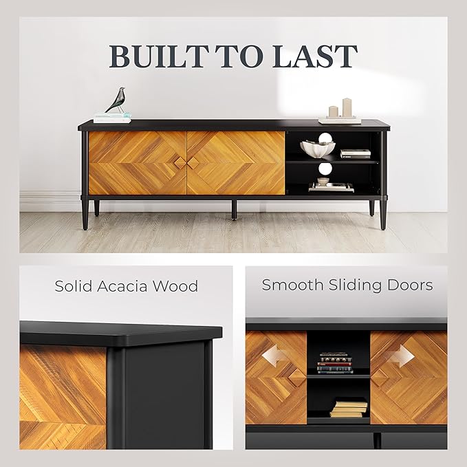 Lenia 65 Inch Solid Acacia Wood TV Stand, Modern Farmhouse Rustic Mid Century TV Media Console for Living Room, Entertainment Center with Storage & Cabinets, Brown Teak Finish