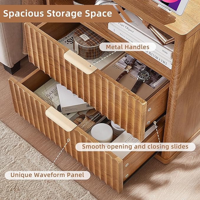 LEYAOYAO Fluted Nightstand Set of 2 with Charging Station,23" Modern Nightstand with Woodgrain Top, 2 Drawer End Table w/Storage, BedsideTables for Bedroom, Living Room, Curved Profile,Brown