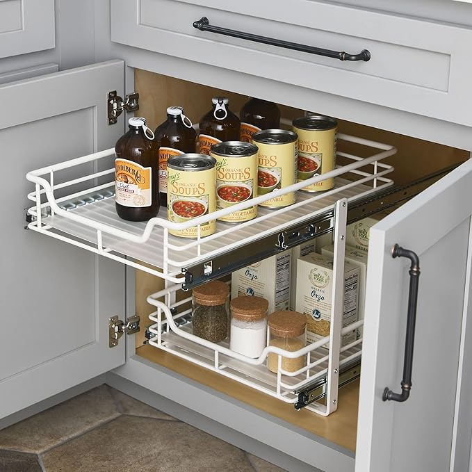 Household Essentials Glidez Multipurpose Paint-Finished Steel Pull-Out/Slide-Out Storage Organizer for Under Cabinet Use - 2-Tier Design - Fits Standard Size Cabinet or Shelf, White