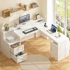 63" Farmhouse L Shaped Executive Desk with Drawers & Storage Shelf, Corner Computer Desk with Power Outlets, L Shaped Office Desk with Monitor Stand, Printer Shelf, White