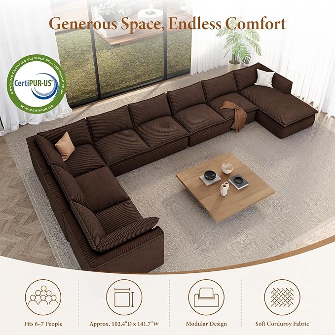 Vesgantti 204.7" Oversized Boneless Sectional Couch, Modern 9 Seater Modular Sofa with Chaise, Deep Seat Convertible Corduroy Cloud Couches for Living Room, No Assembly Required, Dark Brown