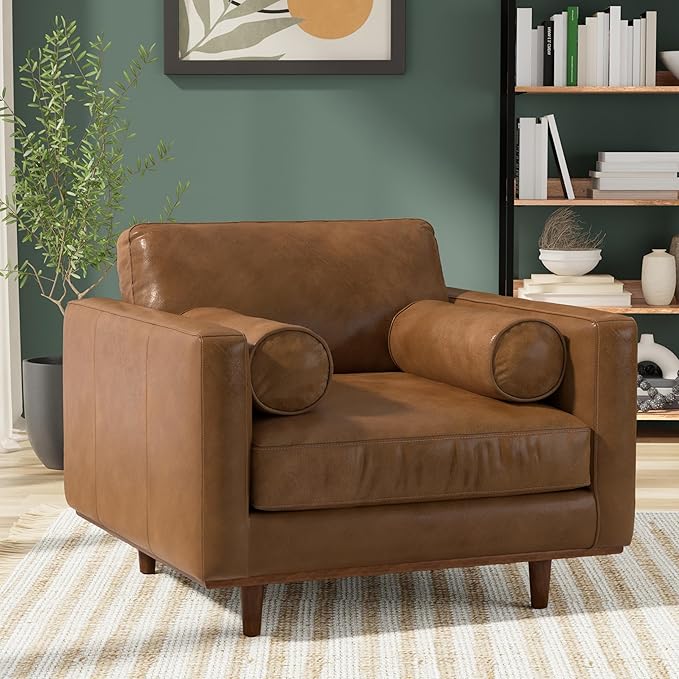 SIMPLIHOME Morrison Accent Chair - 43 inch Wide Upholstered Top Grain Genuine Leather Mid-Century Modern Arm Chair with Solid Wood Frame in Caramel Brown, for Living Room with 2 Bolster Pillows