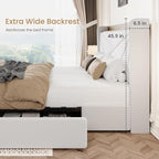SHA CERLIN King Size Bed Frame with 3 Drawers, USB & Type-C Charging Ports, Velvet Upholstered Platform Bed with Modern Geometric Wingback Storage Headboard, No Box Spring Needed, Easy Assembly, White