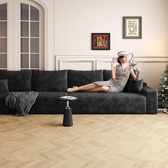140.2" Cloud Modular Black Sofa, 4-Seater Upholstered Couches for Living Room, Modern Minimalist Deep Seat Boneless Couch, No Assembly Required, Plush Corduroy Fabric