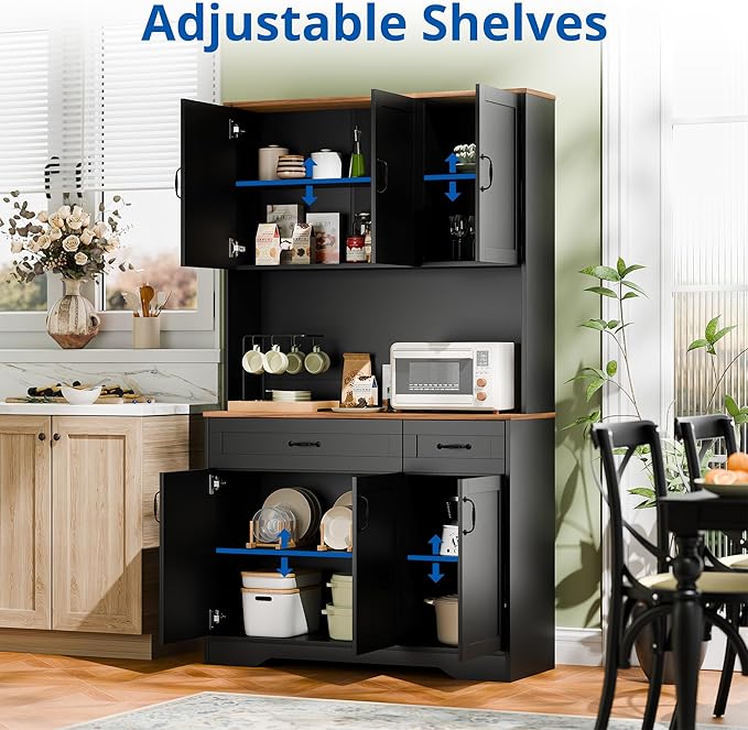 Cozy Castle 71" Tall Kitchen Hutch Cabinet with Drawers and Power Outlet, Farmhouse Pantry Storage Cabinet, Large Wood Coffee Bar Microwave Stand Cupboard for Dining Room Living Room, Black