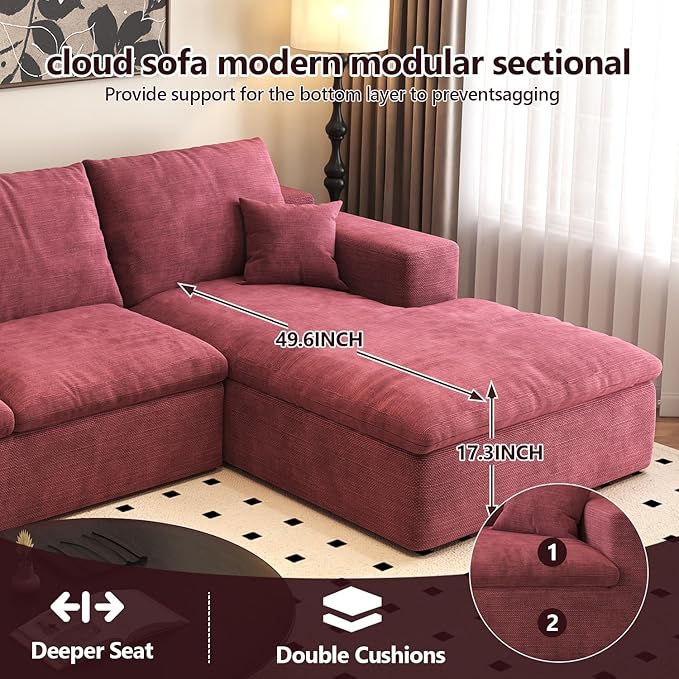 136.6'' U-Shaped Modern Modular Sectional Cloud Couch Whit Ottoman, 4-Seat Chenille Deep-Seat Sofa with Pillow for Living Room, Bedroom, Apartment, Wine Red