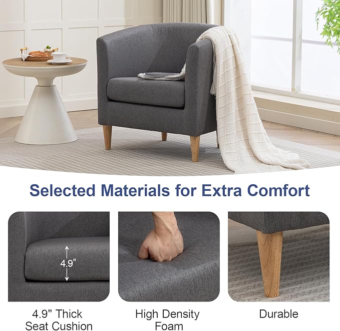 Accent Barrel Chair, Modern Comfy Living Room Chairs with Armrest Small Reading Chair with Cozy Soft Padded for Bedroom Reception Room Cafe, Grey