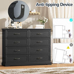 8 Drawer Dresser for Bedroom, 53" Wide Wooden Chest of Drawers, Rustic Farmhouse Dresser with Large Drawers & Metal Handles, Modern Storage Organizer for Closet, Living Room, Hallway, Black