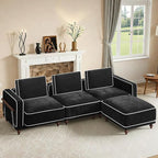 112" 3 Seater Cloud Couch with Ottoman,Modular Sectional L Shaped Sofa with Armrests Wooden Legs,Oversized Deep Seat Comfy Thicked Cushion Upholstered Sofa for Living Room Bedroom,Black