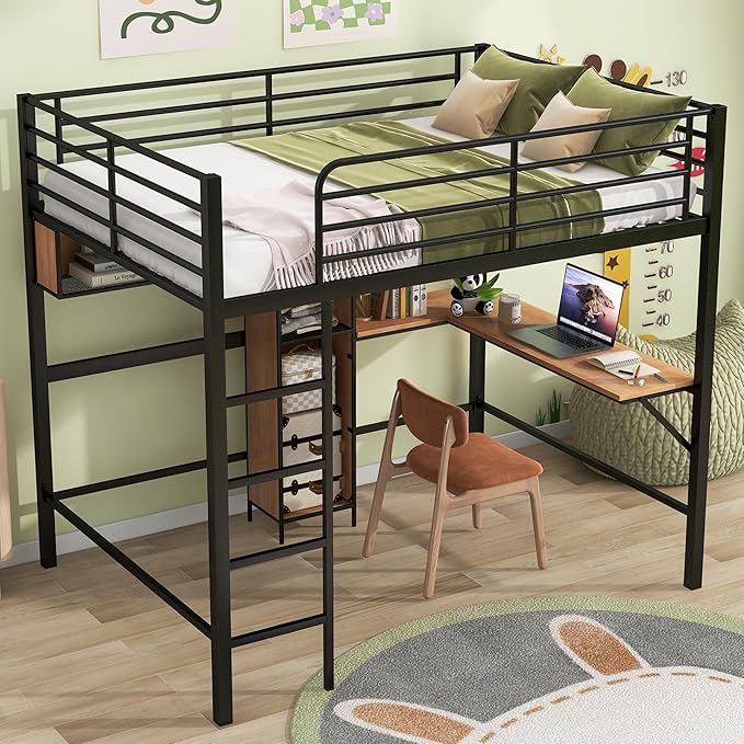 Full Size Metal & Wood Loft Bed with L -Shaped Desk and Shelves,Bedroom Multifuncational Bed Frame w/Guardrails & No Box Spring Required,for Adult Kid Boy Girl,Black+Brown