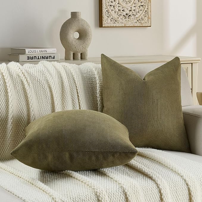FUTEI Olive Green Chenille Throw Pillow Covers 26x26 Inch Set of 2,Soft Wide Chevron Textured Euro Pillow Shams,Farmhouse Home Decor for Couch Bed Living Room
