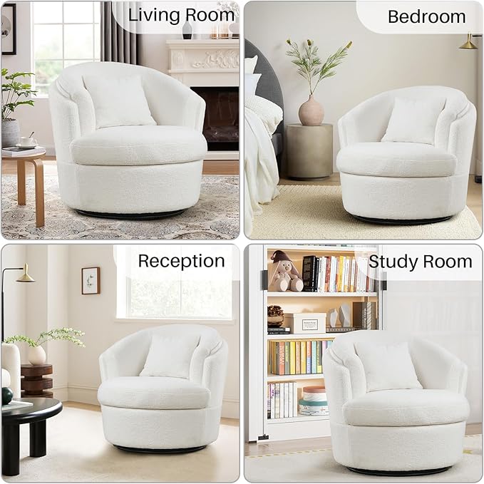 Swivel Accent Chair, 360 Degree Round Swivel Barrel Chair with Pillow, Widened Upholstered Boucle Chair Comfy Sherpa Barrel Armchair for Living Room Bedroom Reading Room, White