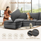 Vesgantti 108" Sectional Sleeper Sofa, 6-Seater Oversized Modular Cloud Couch with Movable Ottoman, Chenille Large Sofa Bed Convertible Deep Seat Couches for Living Room, Bedroom and Apartment, Gray