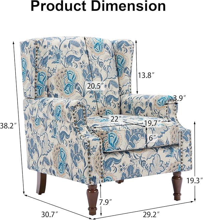 Pia Ricco Set of 2 Floral Accent Chairs, High Back Upholstered Armchairs with Retro Wingback Design, Nailhead Trim & Solid Wood Legs for Living Room Bedroom(Flower Blue)