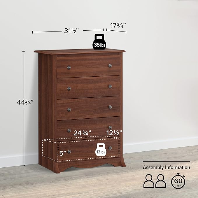 Prepac Sonoma Traditional 5-Drawer Tall Dresser for Bedroom, Functional Bedroom Dresser Chest of Drawers 17.75" D x 31.5" W x 44.75" H, Cherry