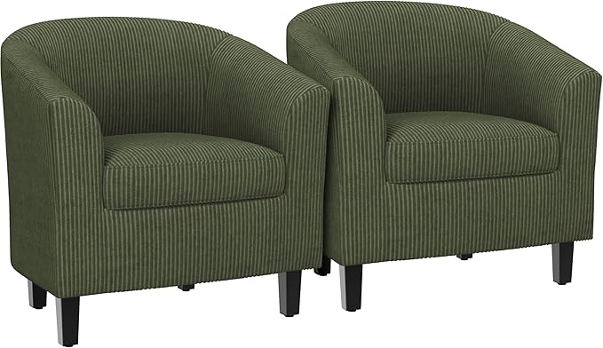 Yaheetech Corduroy Barrel Chairs Set of 2, Upholstered Club Chairs, Round Armchairs Waiting Room Chairs with Soft Cushion for Living Room Bedroom Reading Room, Dark Green