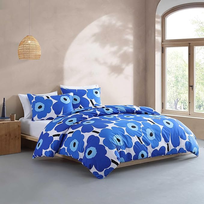 Marimekko - Full/Queen Duvet Cover Set, Cotton Percale Reversible Bedding with Matching Shams, Floral Home Decor (Unikko Blue, Full/Queen)