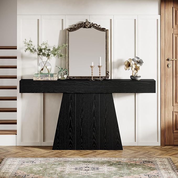 Tribesigns 63" Black Console Table, Farmhouse Entryway Table with Trapezoidal Base, Narrow Long Wood Sofa Table Behind Couch Table for Entrance, Hallway, Living Room, Black