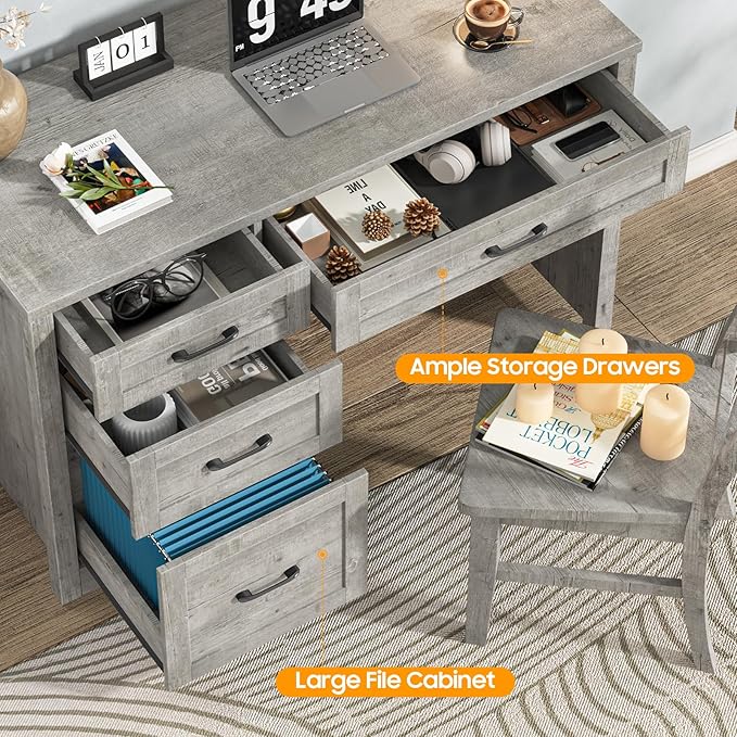 Vabches Farmhouse 47" Executive Desk with File Drawer, Wood Computer Desk with 3 Storage Drawers, Workstation for Home Office, Study, Writing.Grey.