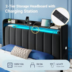 Allewie Velvet Vertical Tufted Full Size Upholstered Platform Bed Frame with 2-Tier LED Storage Headboard & 2 Storage Drawers, USB & Type-C Charging Ports, Noise-Free/No Box Spring Needed, Black