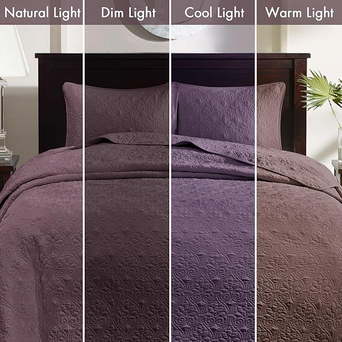 Madison Park Quebec Reversible Damask Design, Double Sided Quilting All Season, Lightweight Coverlet Bedspread Bedding Set, Matching Shams, Queen(102"x118"), Purple
