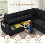Vesgantti 88.4" Sectional Sleeper Sofa with Pull Out Bed, 5 Seater L Shaped Modular Sectional Couch with Storage, Comfy Corduroy Modular Couch for Living Room, Bedroom, Apartment, Black