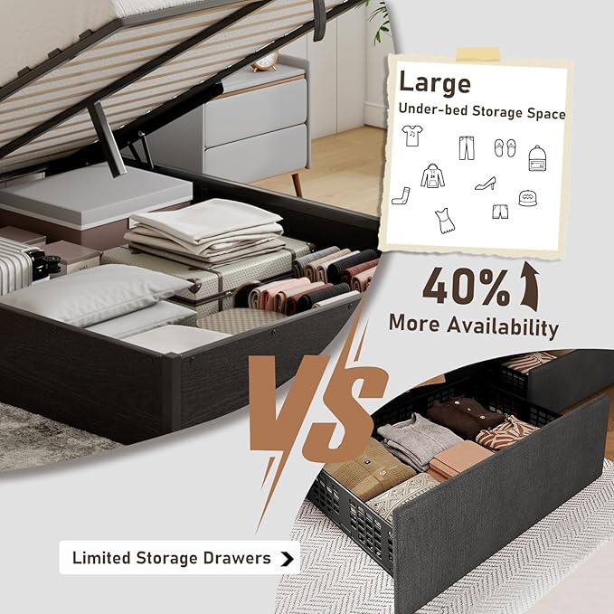 Lift Up Storage Bed Frame, Full Size Wooden Platform Bed with Large Storage Underneath, No Box Spring Needed, Noise Free, Black