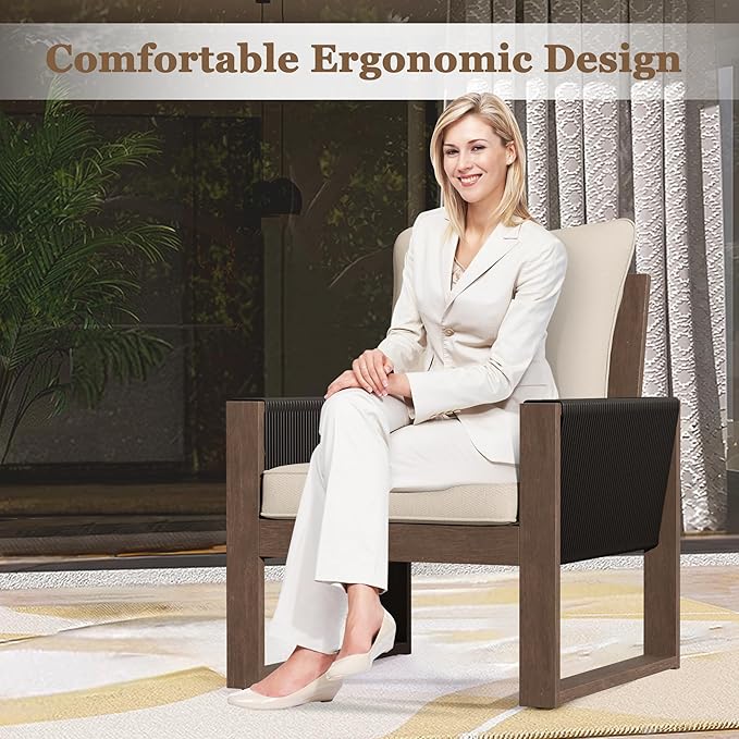 Patio Chairs 3 Piece Wood Patio Furniture with Coffee Table & Cushions, PE Wicker Outdoor Conversation Set Balcony Chairs for Garden, Porch, Deck, Backyard