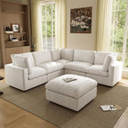 WJShome Modern V Shaped Sectional Couches for Living Room,100 Inch 5-Seater Chenille Deep Seat Modular Sofa with Ottoman, Cloud Couch for Bedroom and Apartment，Beige