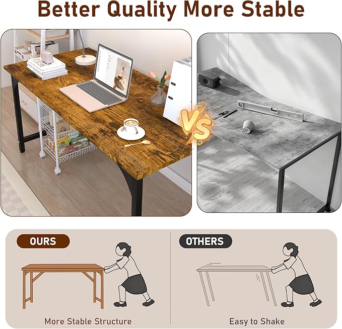StarGraph Home Office Desks 55 Inch Large Office Desk with Sturdy Metal Frame Modern Computer Desk Gaming Study Writing Work from Home Desks, Rustic Brown