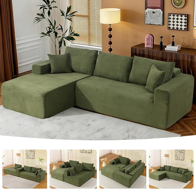 2025 New 108" Cloud Couch Sectional, Modular Sectional Sofa with L-Shaped Chaise, Deep Seat Sectional Modular Couch for Living Room, No Assembly Required (Green, Left Facing Chaise)