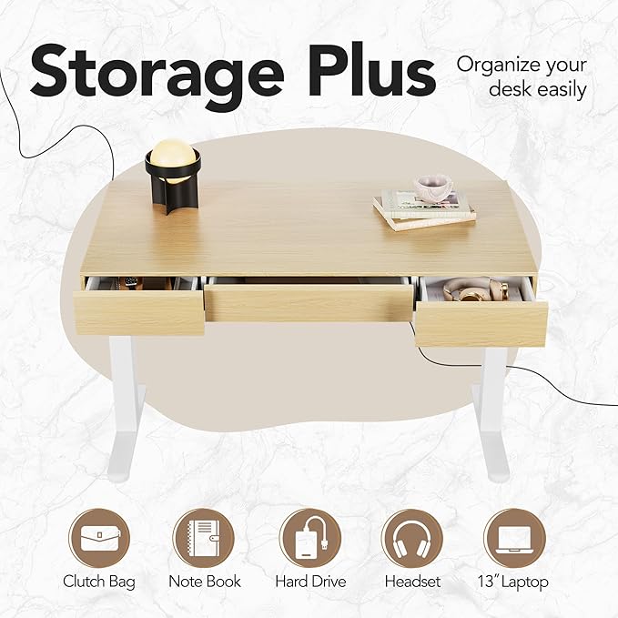HUANUO Electric Standing Desk with 3 Drawers, 48 Inches Height Adjustable Stand Up Desk, Whole-Piece Board Computer Workstation with 4 Memory Height Settings, Light Walnut