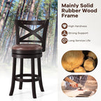 COSTWAY Bar Stools Set of 2, 26" Swivel Counter Height Bar Chairs with Copper Nails, Upholstered Seat, X-Shaped Backrest, Solid Rubber Wood Frame, for Kitchen Island Pub Bar