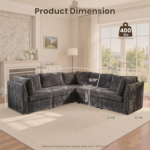 130'' Modern Modular Sectional Sofa,5 Seats Cloud Comfort Corduroy Fluffy Couch,L Shaped Convertible Sofa Couch for Living Room,Grey