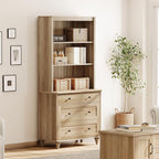 WAMPAT 3 Tier Bookshelf with 3 Drawers, 72" Tall Bookcase Large Farmhouse Display Book Case Shelf with 3-Tier Open Book Shelfs，Library Wood Bookshelves for Living Room,Kitchen, Oak