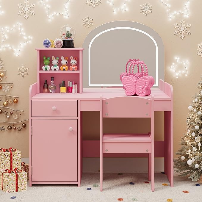 Gizoon Kids Vanity Desk with Mirror and Lights, Todder Vanity Table and Chair Set with 2 Tier Open Shelves Drawer and Cabinet, Kids Makeup Vanity for Little Girl, Pink