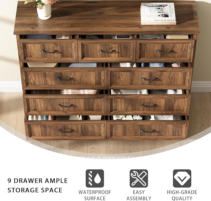 CARPETNAL Farmhouse Dresser and Nightstand Sets for Bedroom, 4 Pcs Bedroom Set, 5 Drawer & 9 Drawer Dresser and Nightstand Set of 2, Wood Chest of Drawers for Living Room, Entryway, Brown
