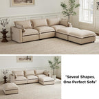 chairus 97" Modular Sectional Sofa with 2 Moveable Ottoman Upholstered Deep Seat Linen Couch Set with Soft Pillows U Shaped Sofa Couch for Living Room, Apartment, Reception Room, 3-Seater/Oatmeal