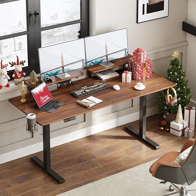 ONBRILL Standing Desk with 2 Adjustable Monitor Shelves, 55 x 24 Inches Electric Stand Up Desk with Memory Controller and Adjustable Height from 28-46 inches for Computer Workstations, Walnut