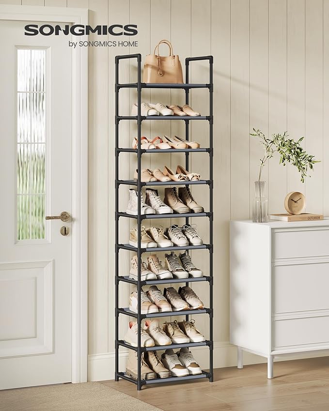 SONGMICS Shoe Rack, 10-Tier Shoe Shelf, Shoe Storage Organizer, 11 x 17.7 x 68 Inches, Metal Frame, Non-Woven Fabric Shelves, for Entryway, Bedroom, Gray ULSH010G01