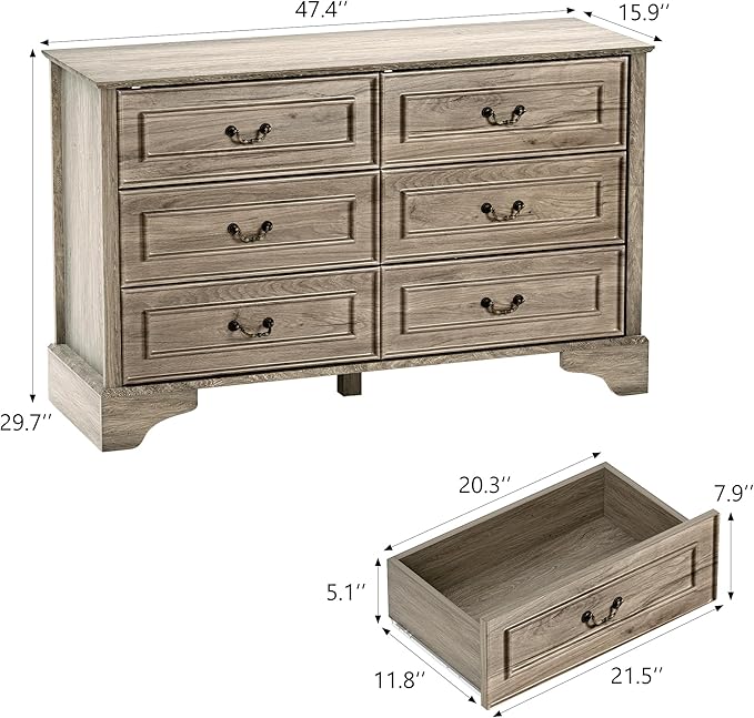 Farmhouse 6 Drawers Dresser for Bedroom, 47'' Wide Rustic chests of Drawers with Natural Texture, Wood Dresser Vintage Design, Storage Dressers Organizer, Grey