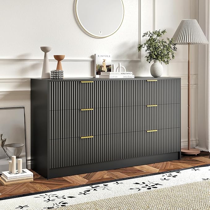 3-Piece Modern Bedroom Furniture Set, Wide 6-Drawer Dresser & 2-Drawer Nightstands Set of 2, Natural Wood Dresser and Nightstand Sets for Bedroom, Hallway, Black