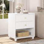 Modern Nightstand, Fluted End Table with 2 Drawers, Nightstand with Open Shelf for Bedroom (1, White)