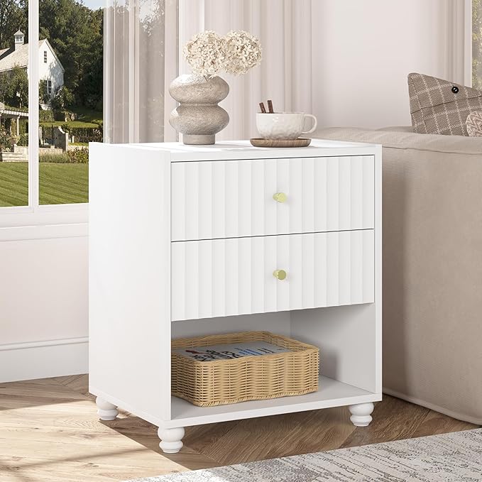 Modern Nightstand, Fluted End Table with 2 Drawers, Nightstand with Open Shelf for Bedroom (1, White)
