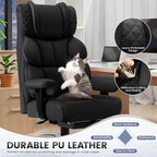 Office Desk Chair, Big and Tall Leather Gaming Chair with Footrest, Wide Ergonomic Comfy Executive High-Back Reclining Computer Chairs, Swivel Rolling Wheels and Padded Lumbar Support, Black
