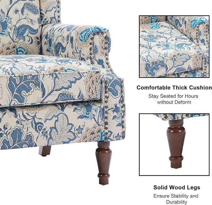 Accent Chair, Upholstered High Back Floral Armchair with Nailhead Trim & Wood Legs, Comfy Wingback Reading Single Sofa Chair for Small Spaces, Living Room, Bedroom ( Boho Blue Floral, Set of 2)