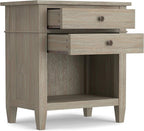 SIMPLIHOME Carlton Bedside Table - 24 inch Wide Solid Wood Nightstand Table in Distressed Grey, Transitional Bedroom Side or End Table with 2 Drawers, Open Storage Shelf and Bronze Hardware