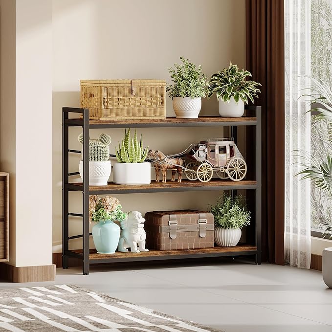 3 Tier Bookshelf 39.37" Width, Dorm Desk Hutch, Desk Shelf, Long Industrial Bookcase, Wooden Large Book Shelf for School Home Living Room Bedroom Office Storage(Vintage)